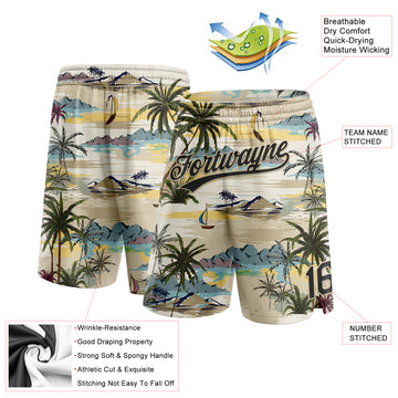 Custom Cream Black 3D Pattern Hawaii Palm Trees And Island Authentic Basketball Shorts