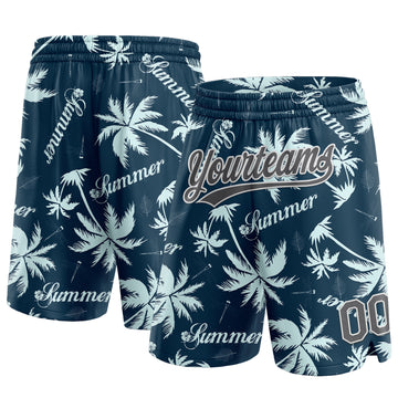Custom Navy Steel Gray-White 3D Pattern Hawaii Palm Trees Authentic Basketball Shorts
