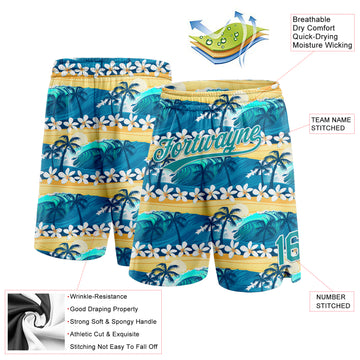 Custom Teal Gold 3D Pattern Hawaii Palm Trees And Flowers Authentic Basketball Shorts