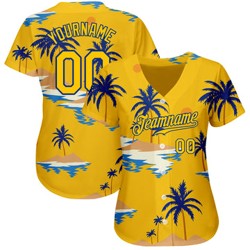 Custom Yellow Royal 3D Pattern Design Sun Beach Hawaii Palm Trees Authentic Baseball Jersey