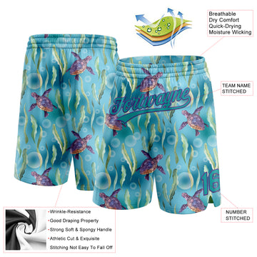 Custom Teal Purple 3D Pattern Aquatic Plants And Sea Turtles Authentic Basketball Shorts
