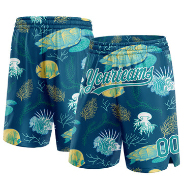 Custom Midnight Green Teal-White 3D Pattern Aquatic Plants And Sea Turtles Authentic Basketball Shorts