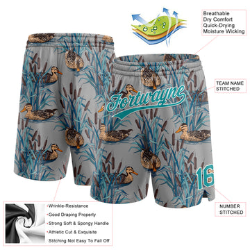 Custom Gray Teal-White 3D Pattern Hawaii Cattail And Duck Authentic Basketball Shorts