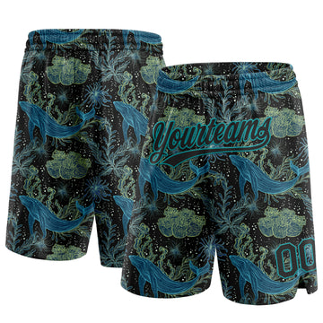 Custom Black Black-Teal 3D Pattern Whale And Fish Authentic Basketball Shorts