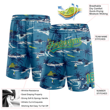Custom Navy Teal-Yellow 3D Pattern Hawaii Palm Trees And Island Authentic Basketball Shorts