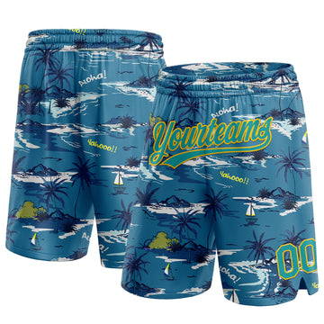 Custom Navy Teal-Yellow 3D Pattern Hawaii Palm Trees And Island Authentic Basketball Shorts
