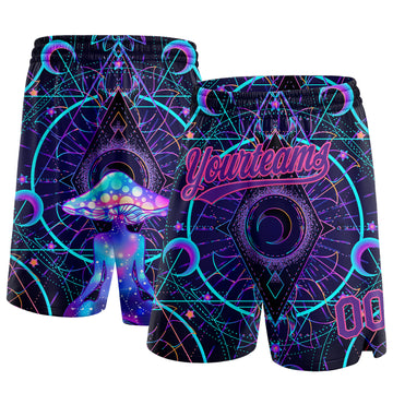 Custom Black Purple-Pink 3D Pattern Magic Mushrooms Over Sacred Geometry Psychedelic Hallucination Authentic Basketball Shorts