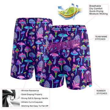 Custom Black Purple-Pink 3D Pattern Colorful Flowers And Mushrooms Psychedelic Hallucination Authentic Basketball Shorts