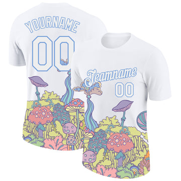 Custom White Light Blue 3D Pattern Design Colorful Flowers And Mushrooms Psychedelic Hallucination Performance T-Shirt