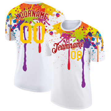 Custom White Yellow-Red 3D Pattern Design Colorful Bright Ink Splashes Performance T-Shirt