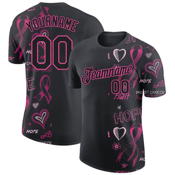 Custom Black Pink 3D Pattern Design Pink Ribbon Breast Cancer Awareness Month Women Health Care Support Performance T-Shirt