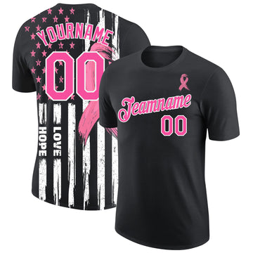 Custom Black Pink-White 3D Pattern Design American Flag With Pink Ribbon Breast Cancer Awareness Month Women Health Care Support Performance T-Shirt