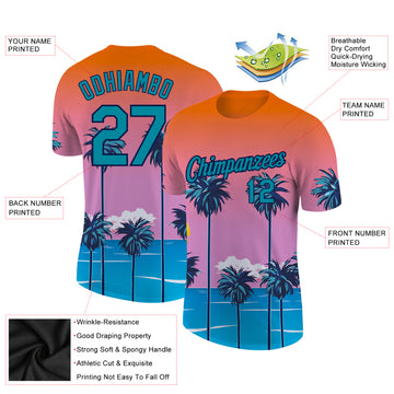 Custom Orange Teal-Navy 3D Pattern Design Sun Beach Hawaii Palm Trees Performance T-Shirt