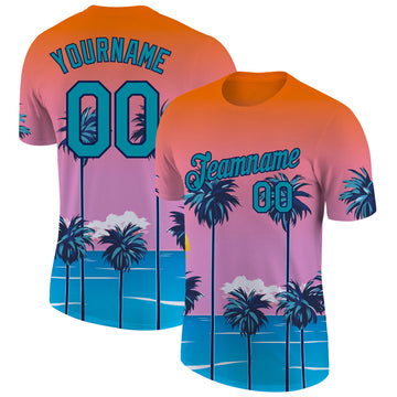 Custom Orange Teal-Navy 3D Pattern Design Sun Beach Hawaii Palm Trees Performance T-Shirt