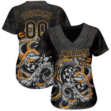 Custom Black Old Gold 3D Pattern Design Octopus Wrapped Around Dart Board Authentic Baseball Jersey