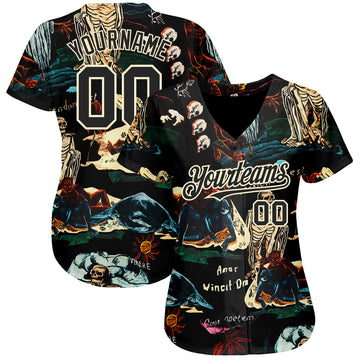 Custom Black Cream 3D Tropical Plant And Skull Fashion Authentic Baseball Jersey