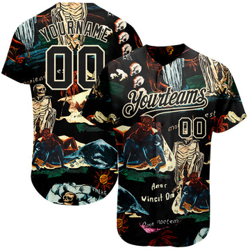 Custom Black Cream 3D Tropical Plant And Skull Fashion Authentic Baseball Jersey