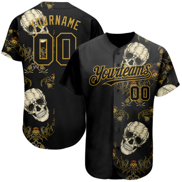 Custom Black Old Gold 3D Plant And Skull Fashion Authentic Baseball Jersey
