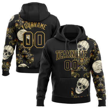 Custom Stitched Black Old Gold 3D Skull Fashion Plant Sports Pullover Sweatshirt Hoodie