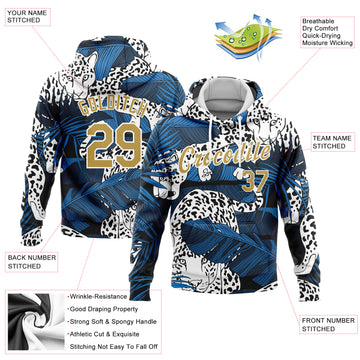 Custom Stitched Navy Old Gold-White 3D Pattern Design Leopard And Tropical Plants Sports Pullover Sweatshirt Hoodie