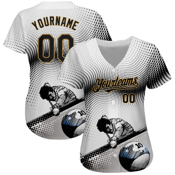 Custom White Black-Old Gold 3D Pattern Design Billiards Authentic Baseball Jersey
