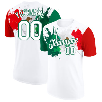 Custom White Kelly Green-Red 3D Mexico Splashes Performance T-Shirt
