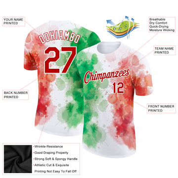 Custom White Red-Kelly Green 3D Mexico Watercolored Splashes Grunge Design Performance T-Shirt