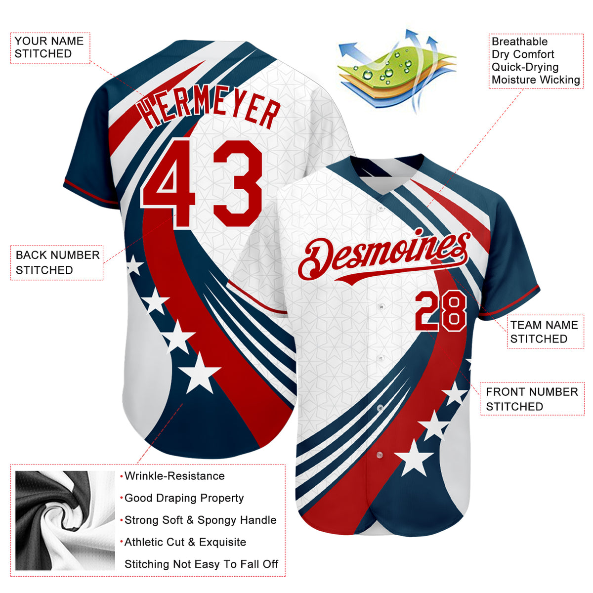 Custom White Red 3D American Flag Authentic Baseball Jersey Discount