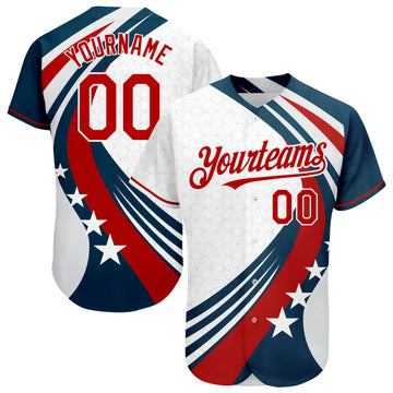 Custom White Red 3D American Flag Authentic Baseball Jersey