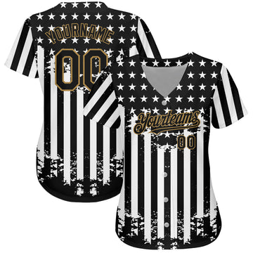 Custom Black Old Gold-White 3D American Flag Authentic Baseball Jersey