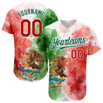 Custom Kelly Green Red-White 3D Mexican Flag Watercolored Splashes Grunge Design Authentic Baseball Jersey