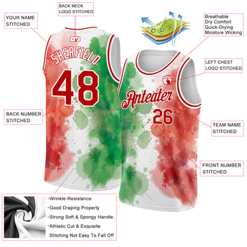 Custom Kelly Green Red-White 3D Mexico Watercolored Splashes Grunge Design Authentic Basketball Jersey