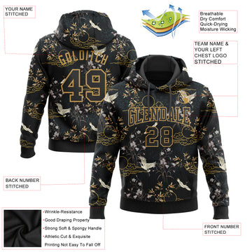 Custom Stitched Black Old Gold 3D Pattern Design Heron And Flower Sports Pullover Sweatshirt Hoodie