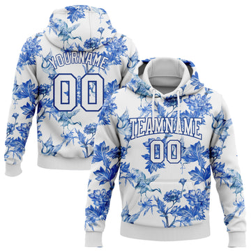 Custom Stitched White Royal 3D Pattern Design Heron And Flower Sports Pullover Sweatshirt Hoodie
