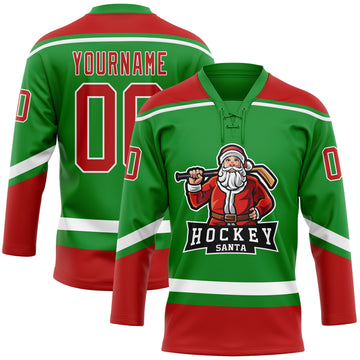 Custom Grass Green Red-White Christmas Santa Claus 3D Hockey Lace Neck Jersey