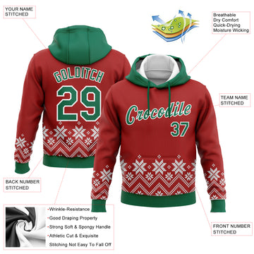 Custom Stitched Red Kelly Green-White Christmas Snowflakes 3D Sports Pullover Sweatshirt Hoodie
