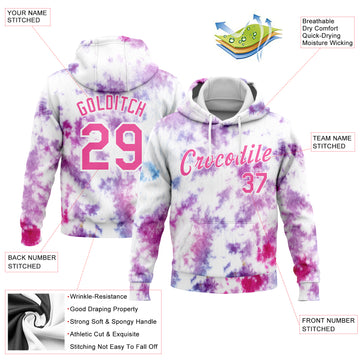 Custom Stitched Tie Dye Pink-White 3D Watercolor Sports Pullover Sweatshirt Hoodie