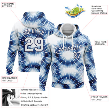 Custom Stitched Tie Dye White-Navy 3D Abstract Style Sports Pullover Sweatshirt Hoodie