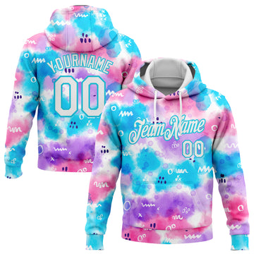 Custom Stitched Tie Dye White-Sky Blue 3D Abstract Watercolor Sports Pullover Sweatshirt Hoodie