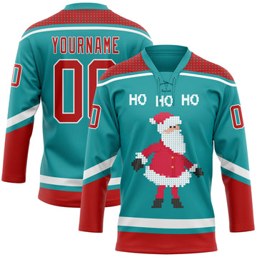 Custom Teal Red-White Christmas Santa Claus 3D Hockey Lace Neck Jersey