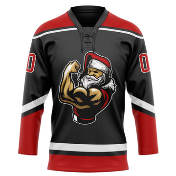 Custom Black Red-White Christmas Santa Claus 3D Hockey Lace Neck Jersey