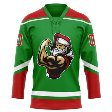 Custom Grass Green Red-White Christmas Santa Claus 3D Hockey Lace Neck Jersey