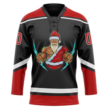 Custom Black Red-White Christmas Santa Claus 3D Hockey Lace Neck Jersey