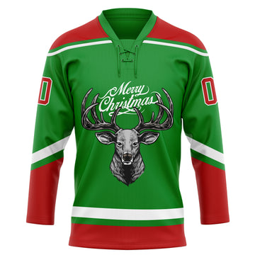 Custom Grass Green Red-White Christmas Reindeer 3D Hockey Lace Neck Jersey