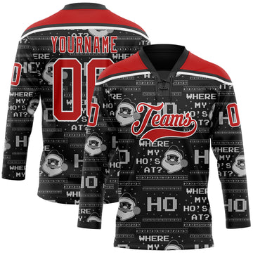 Custom Black Red-White Christmas Santa Claus 3D Hockey Lace Neck Jersey