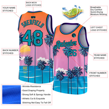 Custom Orange Teal-Black 3D Pattern  Sun Beach Hawaii Palm Trees Authentic Basketball Jersey