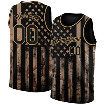 Custom Camo Black-Old Gold 3D American Flag Fashion Authentic Salute To Service Basketball Jersey