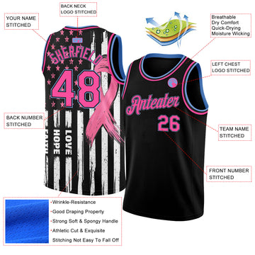 Custom Black Pink-Light Blue 3D American Flag Fashion With Pink Ribbon Breast Cancer Awareness Month Women Health Care Support Authentic Basketball Jersey