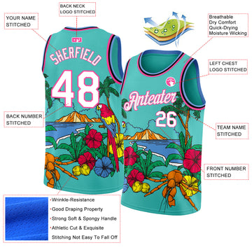 Custom Aqua Pink Light Blue-Black 3D Pattern Tropical Beach Hawaii Palm Trees Authentic Basketball Jersey
