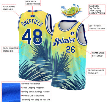 Custom Yellow Royal-White 3D Pattern Tropical Hawaii Leaves Authentic Basketball Jersey